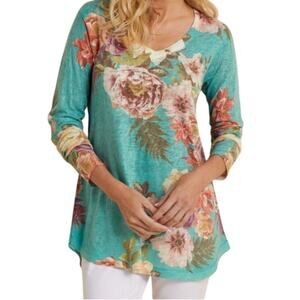 Soft Surroundings Teal Floral Tunic Sweater Top Size Petite Medium